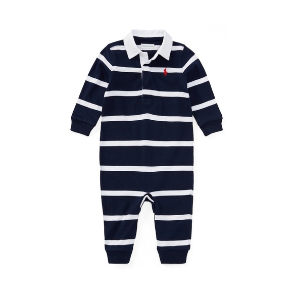 Ralph Lauren Set Striped Cotton Jersey Rugby Coverall Navy and 3 pk socks.  NWT - Picture 2 of 7